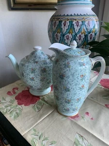 Royal Doulton Teapot & Floral Hot Water Jug Blue "Merle" H4725 1930s Vintage - Picture 1 of 12