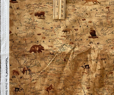 HENRY GLASS & CO. YELLOWSTONE NATIONAL PARK Topo Map Cotton Fabric Henry Glass Jan Beach BTHY Bear
