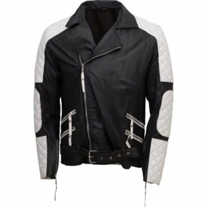 Chaqueta de cuero para hombre piel de cordero genuina negra y blanca acolchada diseñada - Imagen 1 de 8