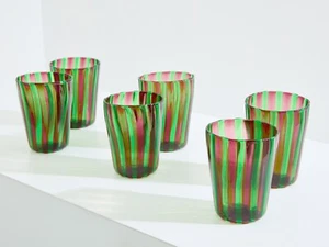 Set of 6 Italian Murano green and purple glass tumblers 1980s - Picture 1 of 10