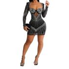 Women's Sparkly Crystal Diamond Long Sleeve Cut Out Bodycon Dress Party Evening