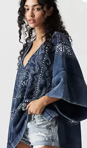 Free People On The Block Poncho Denim Paisley Bandana Contrast Hem Blue M NEW - Picture 1 of 6