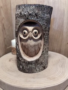 fairtrade Hand Carved. Natural Wood Owl Tree Trunk Decoration - Foto 1 di 6