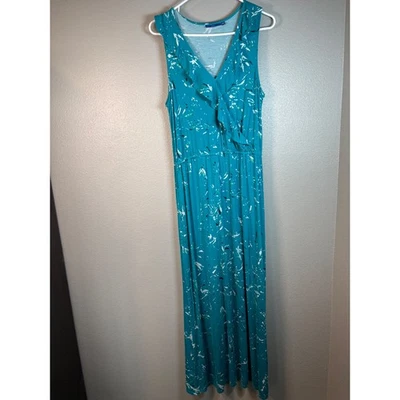Apt 9 Teal Abstract Leaf Print Sleeveless V Neck Maxi Dress Women's Large - Image 1 of 4