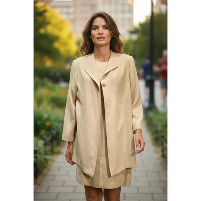 Conjunto de traje para mujer Talbots Petites chaqueta vestido beige mezcla de lino talla 6 Foto 1 de 4