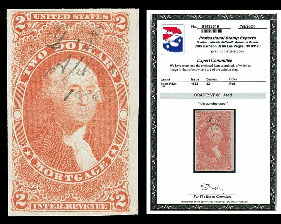 Scott R82a 1862 $2.00 Imperf Mortgage Graded VF 80 Cat $200 with PSE CERT - Image 1 of 1