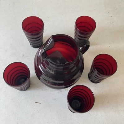 Anchor Hocking Ruby Red Bubble Glass Pitcher & 5 Tumblers - Image 1 of 4