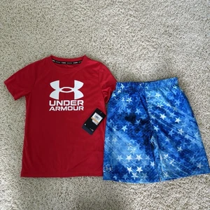 Under Armour | Swim Trunks and Rash Guard Shirt Set Red Blue USA Flag- Size 7 - Picture 1 of 6