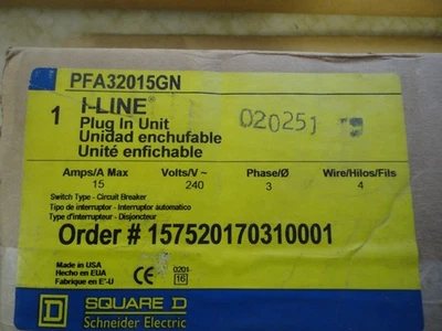 Interruptor de bus fundido "NUEVO" Square D PFA32015GN 15 Amp I-Line 240 voltios 3 fases 4 cables Foto 1 de 4