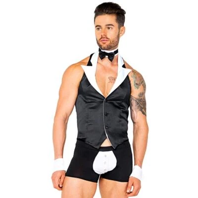 Butler Waiter Costume Set Sleeveless Vest Collar Bow Tie Cuffs Mini Shorts 5123 - Image 1 of 4