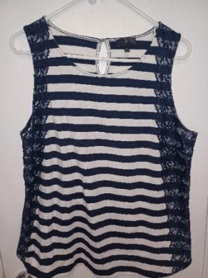 The Limited Top 女式海军蓝白色条纹背心衬衫蕾丝 XL 码 — 第 1/4 张图片