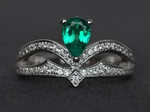 Emerald Cocktail Ring 925 Sterling Silver Pear Lab Created Gemstone Women Ring - Picture 1 of 4