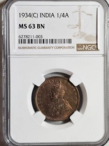 India 1/4 Anna 1934C NGC MS 63 BN - Picture 1 of 2