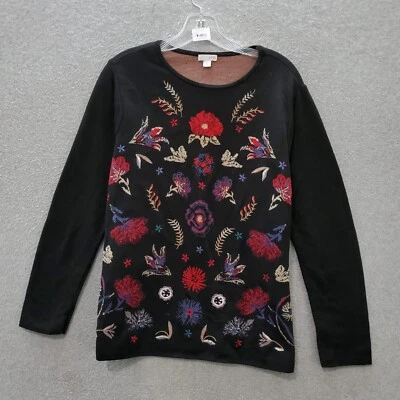 J. Jill Women Sweater Medium Black Floral Embroidered Wool Crew Neck Long Sleeve - Image 1 of 4