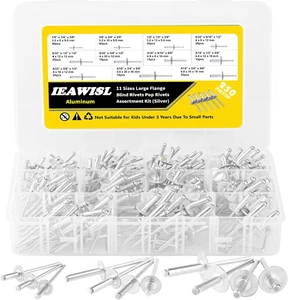 Pop Rivets Assortment Kit, 250PCS Large Flange Aluminum Rivets, 11 SAE Sizes Fla - Picture 1 of 12