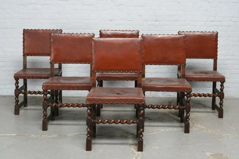 6 SOLID OAK CARVED ANTIQUE FRENCH DINING CHAIRS WITH LEATHER SEATS - 2026 Cover