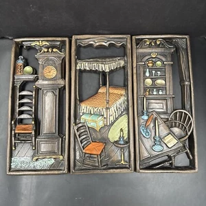 Lot of 3 Vintage MCM Ceramic Mold Hand Painted Wall Art Plaque Furniture Decor - Picture 1 of 16