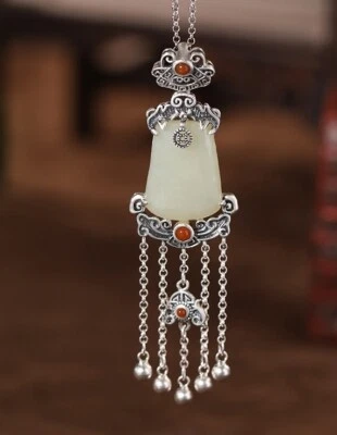 I02 Orientale Rimorchio Ventaglio Nuvole Nappe Helle Giada Argento Sterling 925 - Immagine 1 di 4