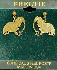 Sheltie - Shetland Sheepdog post Earrings - 24K gold finished brass 1 inch - Picture 1 of 1