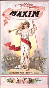 c1890s Maxim Tobacco Label Maclin Zimmer McGill Tobacco Co Girl Trumpeter - Bild 1 von 2