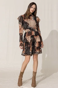 Miss Me Black Brown Floral Chiffon Ruffle Layered Mini Dress Western Boho New M - Picture 1 of 19