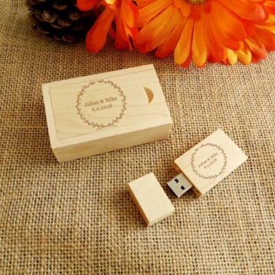 Custom Engraving Wood USB Flash Drive & Box, Wedding USB, Wedding Gifts, USB 2.0 - Image 1 of 4