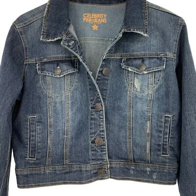 Womens Celebrity Pink Denim Jacket Size L Distress Crop Stretch 2350 EUC Dark - Image 1 of 4