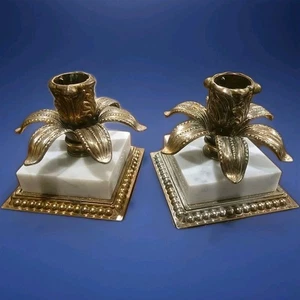 VTG Marble Candle Stick Holders Lilly Brass GIM 3117 Hollywood Regency MCM - Picture 1 of 4