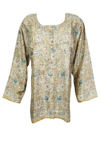 Top túnica corta de seda boho para mujer bordado a mano beige floral corto Kurti L-2X - Imagen 1 de 3