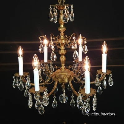 Candelabro antigo francês latão pátina escura 6 luzes corte cintilante cristal chumbo - Imagem 1 de 4