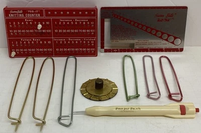 Herramientas de punto de colección: medidor de puntada, contador, punzón, telar enrollador, 6 soportes de puntada Foto 1 de 4