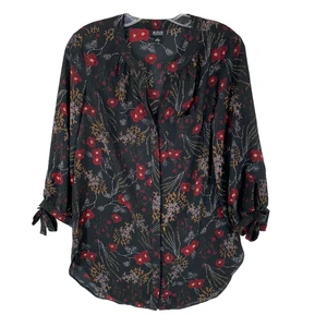a.n.a. Blouse Shirt Womens Sz XS Black Red Floral Button Up 3/4 Sleeves Pocket - Picture 1 of 8