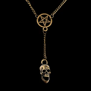 COLLAR CALAVERA DE BRONCE Y PENTAGRAMA INVERTIDO pentáculo colgante de metal pesado F3 - Imagen 1 de 6