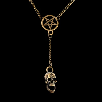 COLLAR CALAVERA DE BRONCE Y PENTAGRAMA INVERTIDO pentáculo colgante de metal pesado F3 Foto 1 de 4
