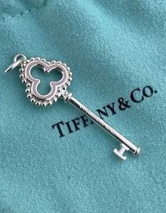 Tiffany & Co. Silver Beaded Pink Enamel Trefoil Key Charm Pendant For Necklace - Picture 1 of 6