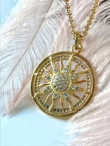 Gold Plated Silver Pave Sun Pendan Large Pave SUN STATEMENT Necklace Rolo Chain - Picture 1 of 8