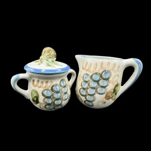 Louisville Stoneware Cream and Sugar 3 Pieces Blue Grape Pear with Green Leaves - Picture 1 of 12