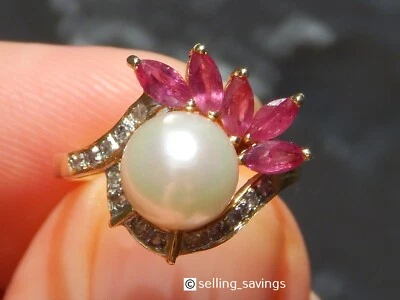 14K SOLID YELLOW GOLD  2.50 TCW PEARL RUBY & DIAMOND COCKTAIL RING SIZE 6 - Image 1 of 4