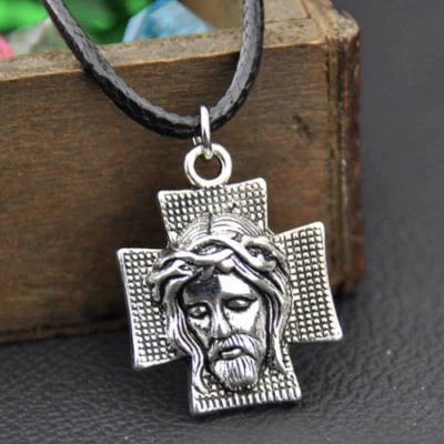 925 Argento Sterling 3D Cristiano Gesù Cristo Croce Collana (Ciondolo + Pelle) - Immagine 1 di 2