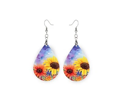 Yellow and Orange Sunflowers Print Wood Dangle Teardrop Print Earrings Jewelry - Image 1 of 4