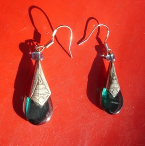 SILVER Niger Tuareg GREEN TEAL engraved earrings with silver hooks L30 mm - Picture 1 of 8