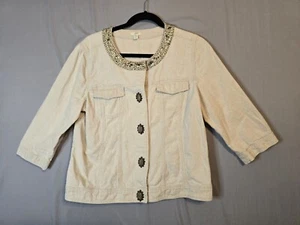 J Jill Beaded Sequin Linen Cotton Jacket Medium Petite Stone Snap Buttons Biege  - Picture 1 of 14