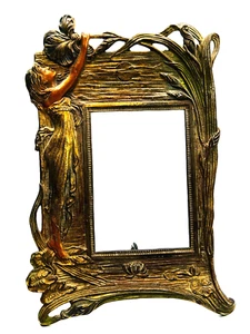 antique Cast Bronze Art Nouveau picture frame woman flower moon 4x6 - Picture 1 of 12