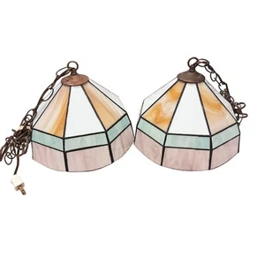 Vintage Stained Glass Pendant Lights Hanging Lamp Fixtures Pair 10" diameter - Picture 1 of 14