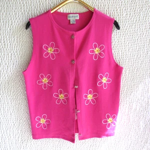 Belle Pointe Pink Cardigan Top Button Vintage Embroidery Shirt XL Cotton - Picture 1 of 12