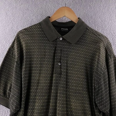 Camisa polo masculina Ping M golfe padrão diamante geométrico manga curta botão para cima - Imagem 1 de 4