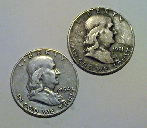 Lot von zwei Franklin Half Dollar Münzen, 90% Silber, 1951-D und 1954-D - Bild 1 von 6