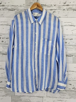H M Long Sleeves Button Up Blue Striped 100% Linen Shirt Womens Xlarge - Image 1 of 4