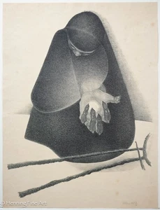 Litografía rara firmada por Allen Wolf La vieja bruja, retrato femenino surrealista, ¡bien! - Imagen 1 de 8
