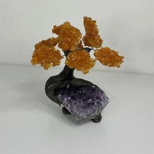 Escultura de árbol bonsái de amatista con hojas de racimo de citrino naranja en tronco negro - Imagen 1 de 8